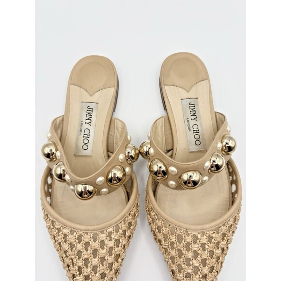 Jimmy Choo Basette Flats Beige/Nude Raffia w/ Gold Metal Embellishments Sz EU 36 - Picture 6 of 9